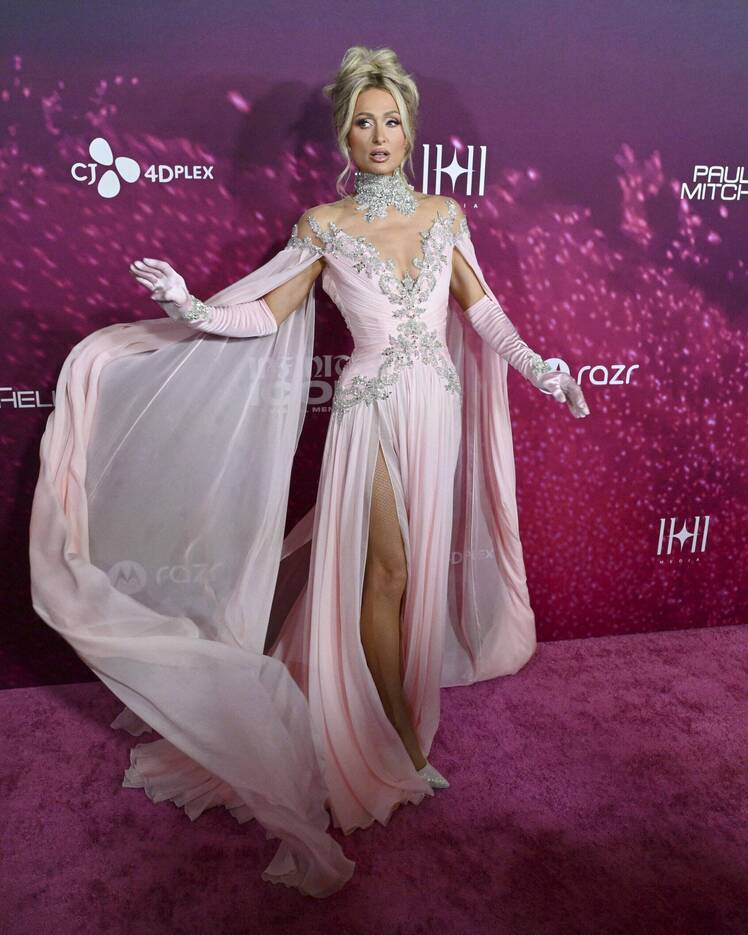 Paris Hilton Shines in Dramatic Petal-Pink and Crystal Gown at Star-Studded  'Infinite Icon' Premiere